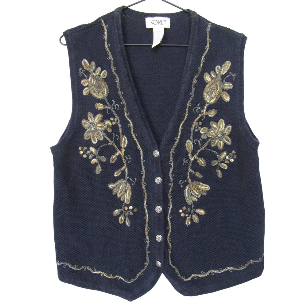 Koret Knit Vest Womens Medium Navy‎ Blue Good Embroidered Beaded Floral 162U782